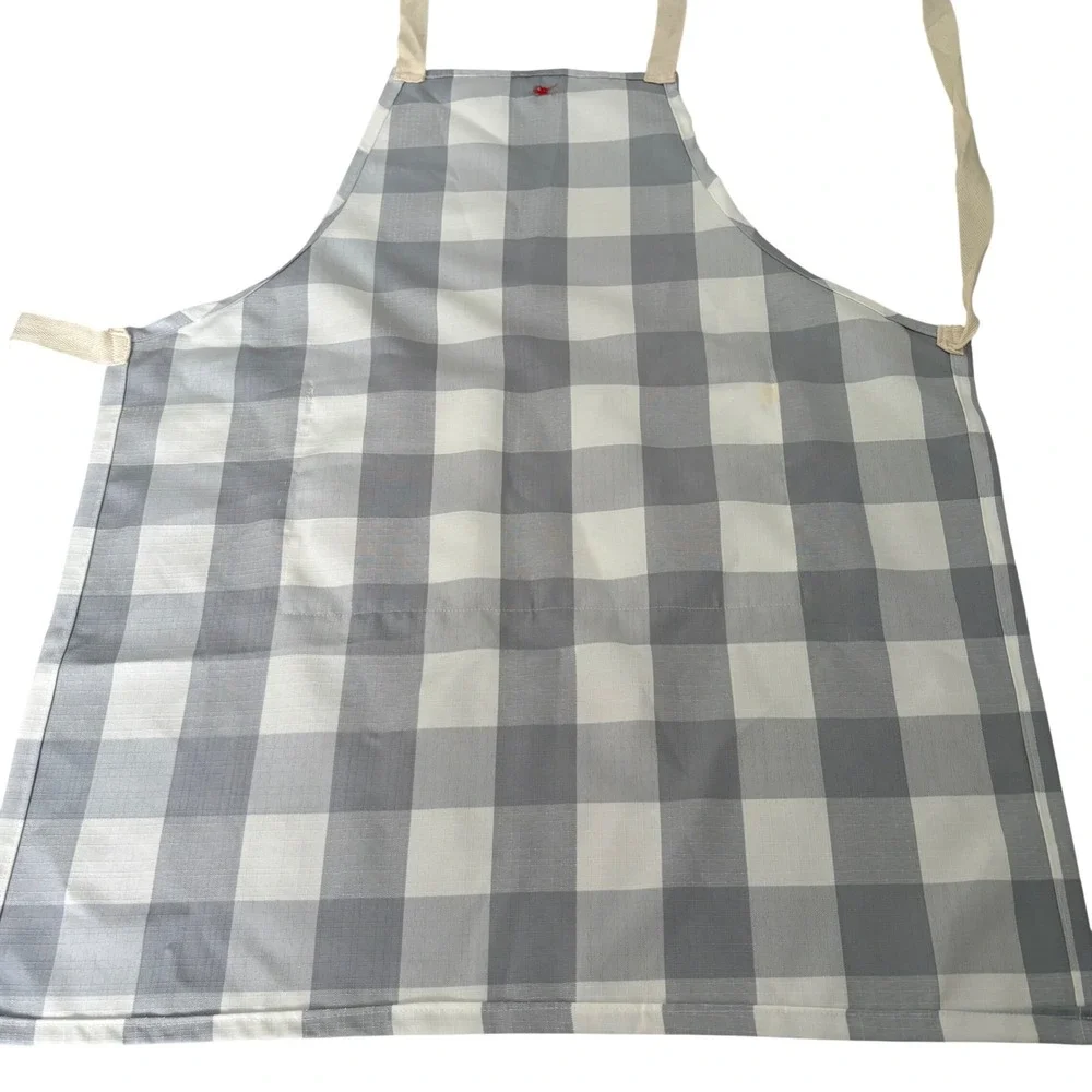 Handmade Grey Buffalo Check Kitchen Apron w Heritage Vegetable Print Pocket Trim